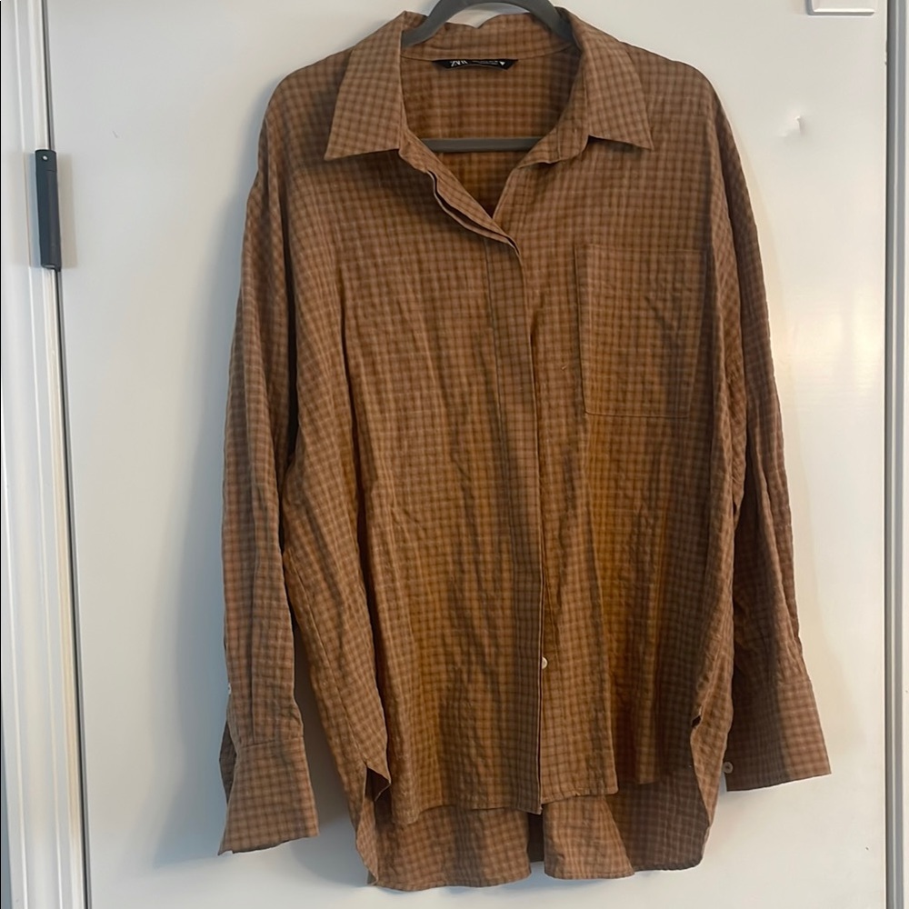 Zara Mustard Checkered Button-Up Shirt